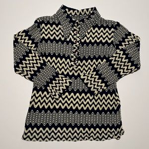 Vintage 70s Groovy Long Sleeves Shirt Zig Zag Navy Blue White